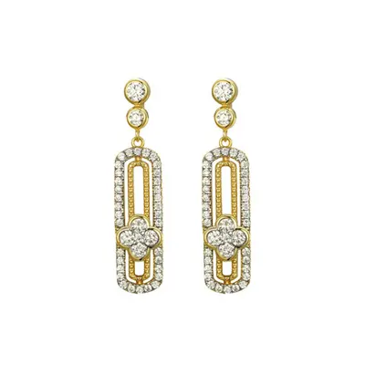 Jewelco London 14k Gold-plated Silver Round CZ Oval Paperclip Clover Drop Earrings - AES248