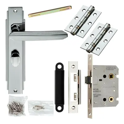 Door Handle & Bathroom Lock Pack Chrome Art Deco Premium Thumb Turn Backplate