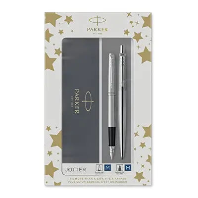 Parker Jotter Duo Gift Set with Ballpoint Pen & Fountain Pen | Stainless Steel with Chrome Trim 