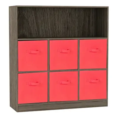 (Anthracite Oak, Red) Wooden Cubed Bookcase Units Shelves Drawers