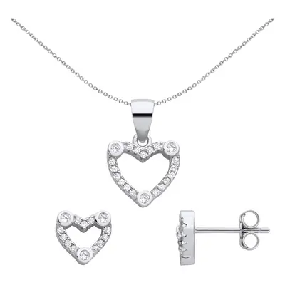 Jewelco London Ladies Rhodium Plated Sterling Silver CZ Love Heart Halo Trilogy Earrings Necklac