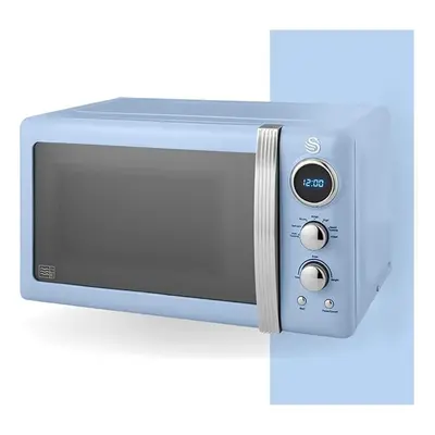 (Blue) Retro LED Digital Microwave with Glass Turntable, Power levels & Defrost Setting, 20L, 80