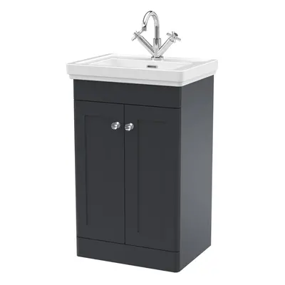 Traditional Floor Standing Door Vanity Unit with Tap Hole Fireclay Basin, 500mm - Soft Black