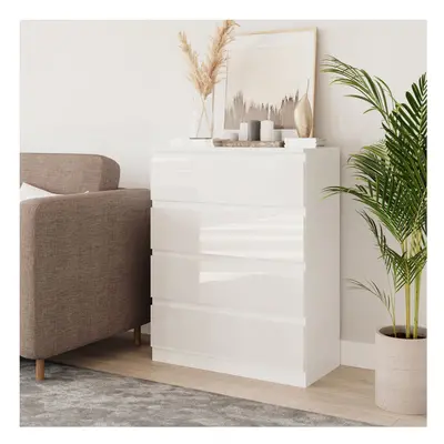 (White & White) Drawer High Glossy Wooden Bedroom Chest Cabinet No Handle Drawer Storage