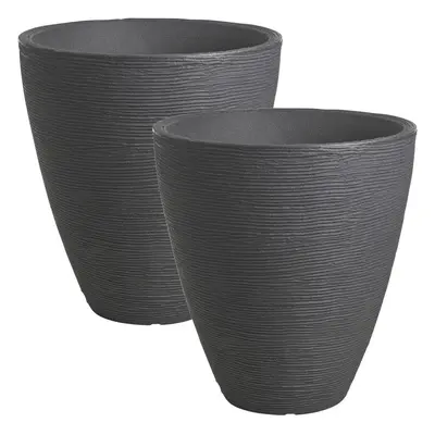 (Charcoal , x2) Round Plastic Ribbed Plant Flower Planter Pots Set