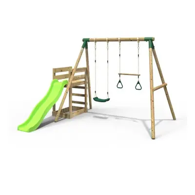 (Janus, Green) Rebo Wooden Swing Set plus Deck & Slide