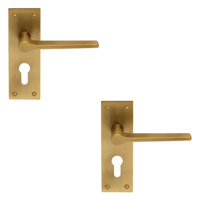 2x PAIR Flat Straight Lever on Slim Euro Lock Backplate x 50mm Antique Brass