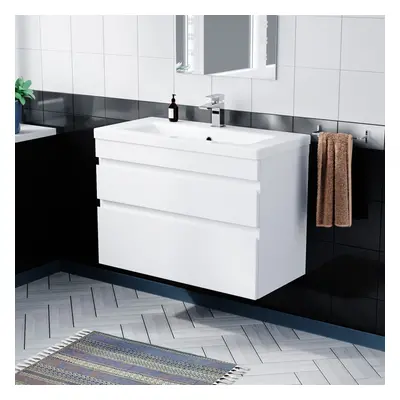 Minimalist 800mm Wall Hung Gloss White Basin Vanity Sink Drawers | COT