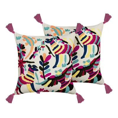 Set of Embroidered Cotton Cushions Animal Motif x cm Multicolour RAIGANJ