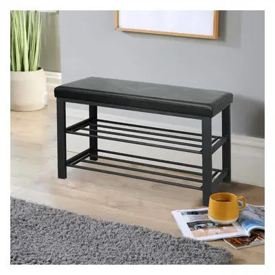 (Black PU) Metal Shoe Bench with Storage Shelfs