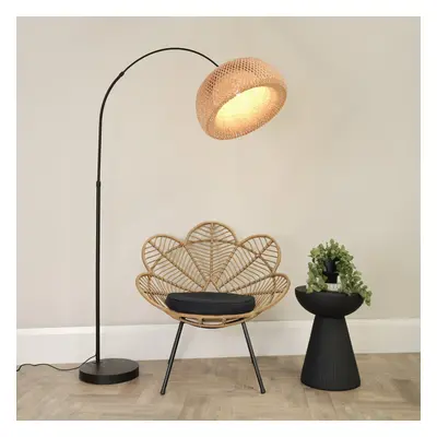 ValueLights Louis Bamboo Donut Shade Black Arched Floor Lamp & Bulb