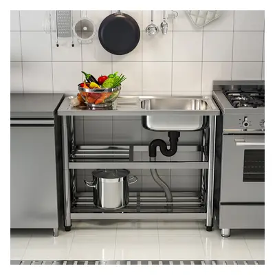 Stainless Steel One Compartment Sink with Drainboard and Shelf