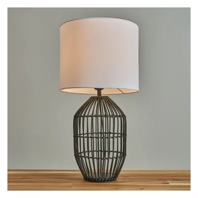 Contemporary Small Matt Black Rattan Cylinder Table Lamp with a White Cylinder Shade