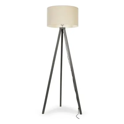 ValueLights Barbro Grey Wood Tripod Floor Lamp with Large Natural Reni Shade