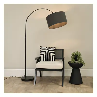 ValueLights Louis Black Arched Floor Lamp with Charcoal Shade & Bulb