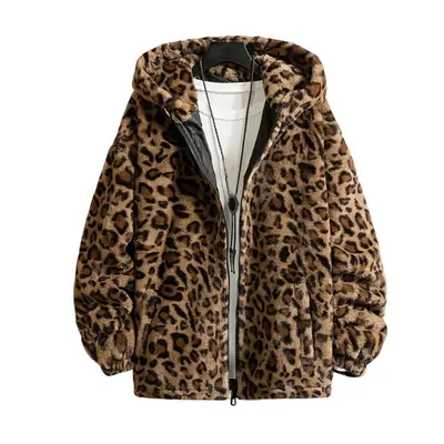 Leopard Print Long Sleeve Pockets Zipper Closure Men Coat Winter Thickened Double-sided Plush Ho