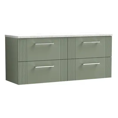 Retro Drawer Wall Hung Vanity Unit with Sparkling White Laminate Worktop - 1200mm - Satin Green 