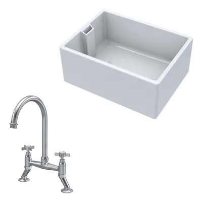 Fireclay Kitchen Bundle - Single Bowl Belfast Sink & Bridge Crosshead Mixer Tap, 615mm - Brushed