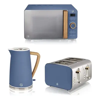 Swan Nordic 1.7 Litre Jug Kettle, Slice Toaster & 800W Freestanding Microwave in Blue