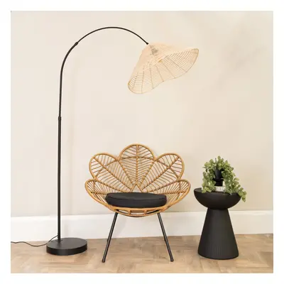 ValueLights Louis Black Arched Floor Lamp with Wicker Tapered Shade