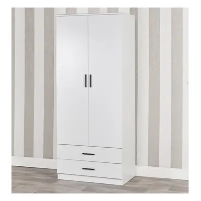 (White Carcass & White Drawers) Tall Wooden Door Wardrobe +2 Drawers Hanging Bar