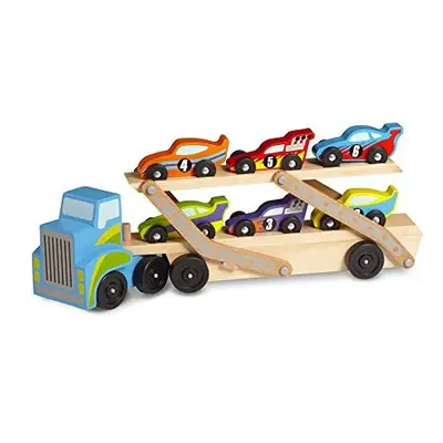 Melissa & Doug Mega Race-Car Carrier | Wooden Vehicles & Trains | Trucks & Vehicles | 7+ | Gift 