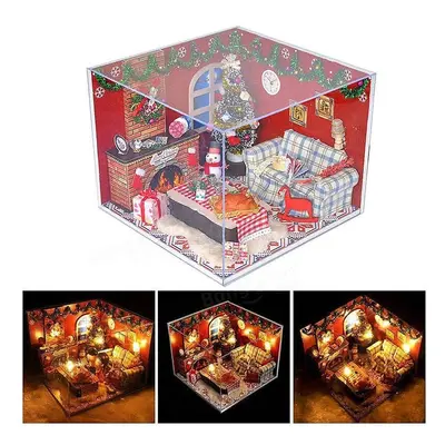 DIY Wooden Doll House Furniture Kits LED Light Miniature Christmas Room Puzzle Toy Gift Decor