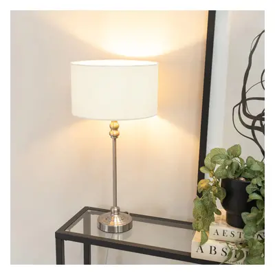 Maggie Chrome Candlestick Table Lamp with White Fabric Drum Shade