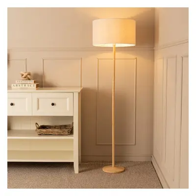 ValueLights Triston Wooden Floor Lamp with Linen White Trim Drum Shade