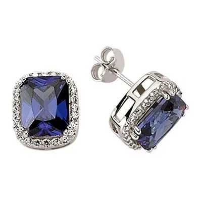 Jewelco London Ladies Sterling Silver Tanzanite-Violet Emerald Cut Cubic Zirconia Halo Stud Earr