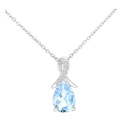 Jewelco London 9ct White Gold Round 2pts Diamond Pear 0.61ct Blue Topaz Kiss Crossover Pendant N