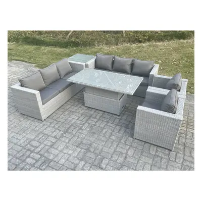 Fimous Rattan Garden Funiture Set Height Adjustable Rising Lifting Table Sofa Dining Set