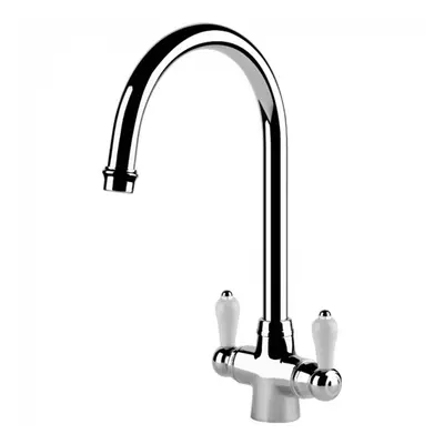 Twin Lever Kitchen Mixer Tap In Chrome, White Handles, Vintage Style - CHIANTI