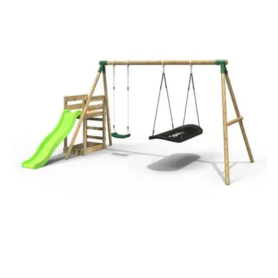 (Meteorite, Green) Rebo Wooden Swing Set plus Deck & Slide