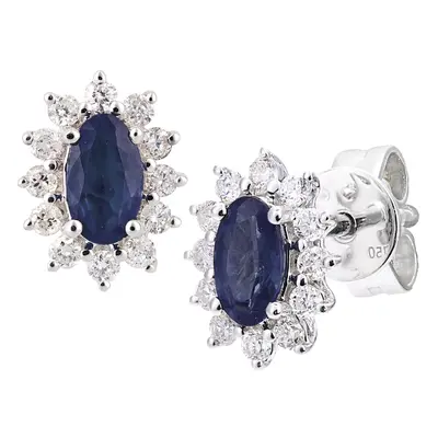 Jewelco London 18ct White Gold Round 1/4ct Diamond Oval 0.65ct Sapphire Cluster Stud Earrings - 