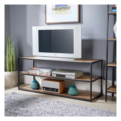 Compact TV Unit Media Stand Open Storage Shelves Oak Finish Black Frame