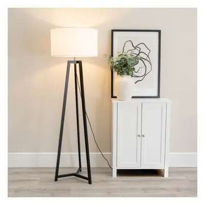 ValueLights Lottie White Shade Black Wood Tripod Floor Lamp & LED Bulb