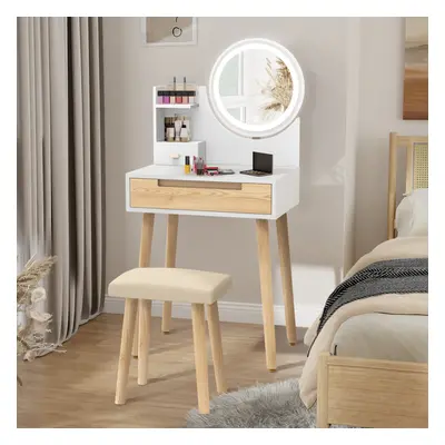 Dressing Table Stool Set Vanity Makeup Table with LED Mirror Drawer