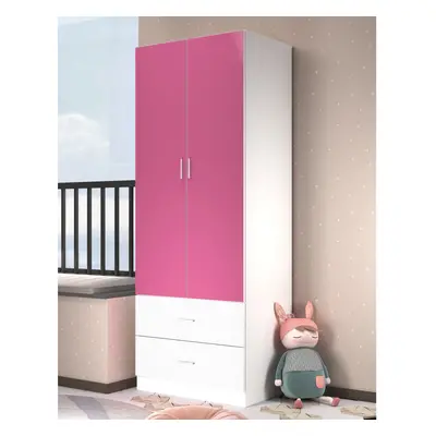 (Pink Carcass + White Drawers) Wooden Door Drawer Kids Wardrobe Hanging Bar