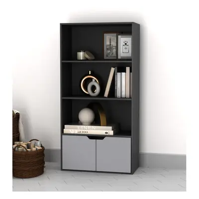 (Black, Grey) Tier Wooden Bookcase with Doors Shelving Cabinet