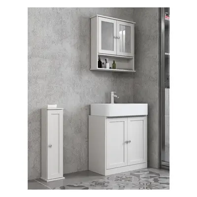 (All Piece - White) Under Sink Cupboard Mirror Unit WC Paper Dispenser