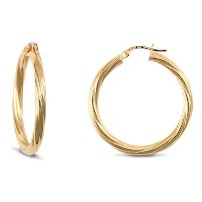 Jewelco London Ladies 9ct Yellow Gold Twisted 3mm Hoop Earrings 30mm - JER197