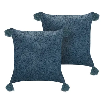 Set of Cushions Plant Pattern SETARIA Velvet x cm Dark Blue