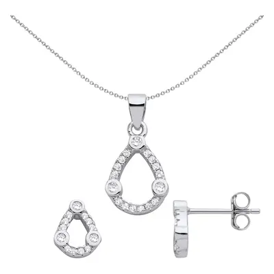 Jewelco London Ladies Rhodium Plated Sterling Silver CZ Pear Halo Trilogy Earrings Necklace Set 