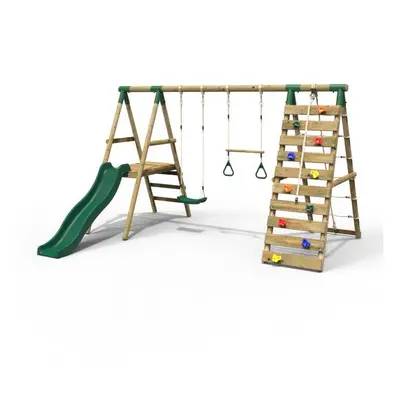 (Jasper, Green) Rebo Wooden Swing Set with Deck and Slide plus Up and Over Climbing Wall