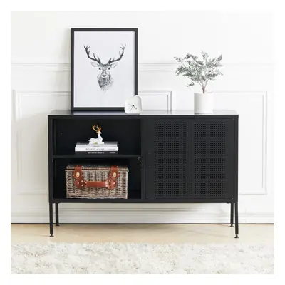 (Black) Industrial TV Stand Cabinet Storage Shelves Metal Sideboard w Door