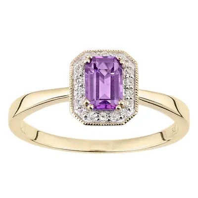 (O) Jewelco London 9ct Yellow Gold Octagon Amethyst and Diamond Cluster Ring