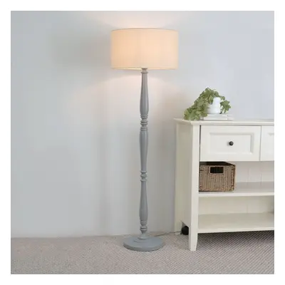 ValueLights Victoria Natural Drum Shade Grey Wood Stem Floor Lamp