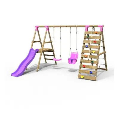 (Moonstone, Pink) Rebo Wooden Swing Set with Deck and Slide plus Up and Over Climbing Wall