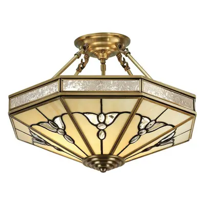 Luxury Semi Flush Ceiling Light Antique Brass & Tiffany Stained Glass Pattern